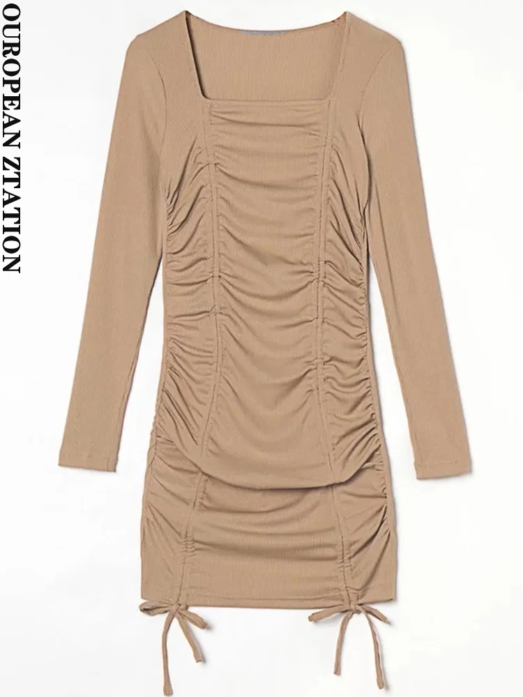 

PAILETE Women fashion new with drawstring sexy pleated hip wrap mini dress vintage long sleeve square collar female dresses muje