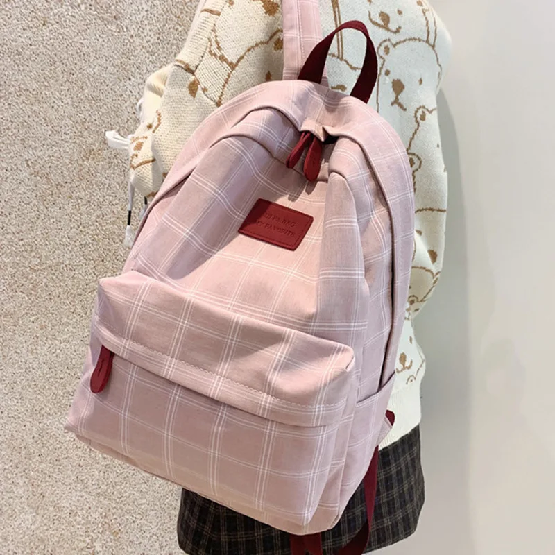 Waterproof With Zip Plaid Canvas Backpack Female Students Shoulder Bag College Students Simple Cute Schoolbag