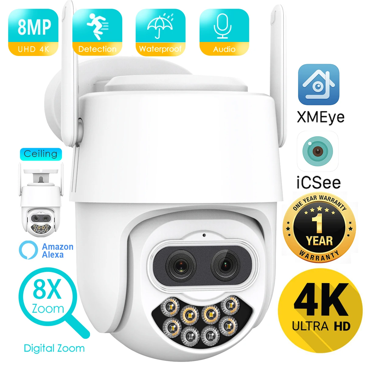 

IP-камера PTZ, 8 Мп, 4K, 8x, 2,8 + 12 мм