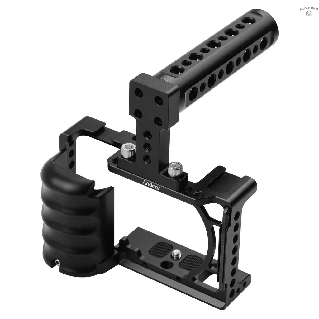 

Andeor Video Camera Cage Rig with Handle Grip Cold Shoe Mount Universal 1/4 3/8 Threaded Holes with Wrenches Replacement forSony
