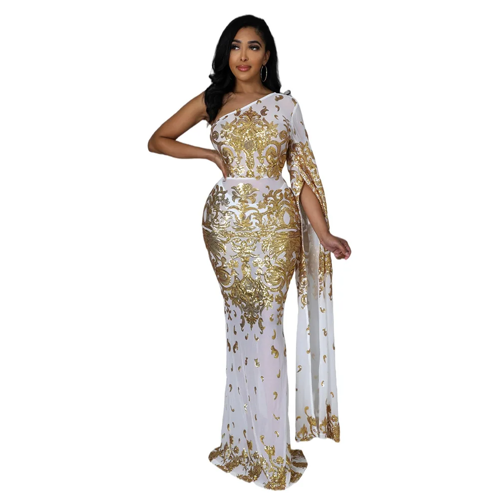 

Women Sequined Paisley Mesh See Though One Shoulder One Long Clock Sleeve Mermaid Maxi Dress Sexy Night Party Long Dress
