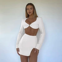 european and american foreign trade womens fashion suit solid color sexy stitching hollow chest wrap long sleeves slim buttoc17