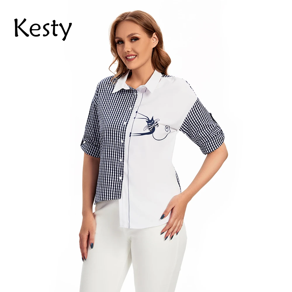 

KESTY Женская рубашка больших размеров, весна, полиэстер, клетчатая рубашка с рукавом 3/4, свободная повседневная рубашка с лацканами