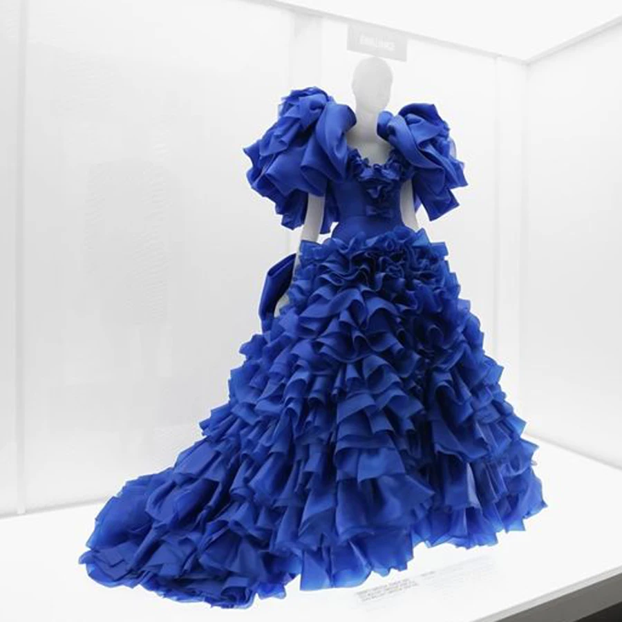 

Real Image Elegant Royal Blue Tiered Organza Formal Event Party Dress A-line Long Short Sleeves Prom Gowns With Bow