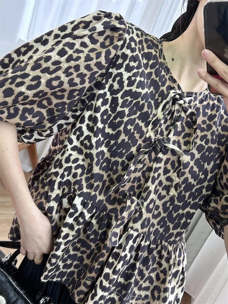 Женская винтажная рубашка с леопардовым принтом хлопковый топ на шнуровке