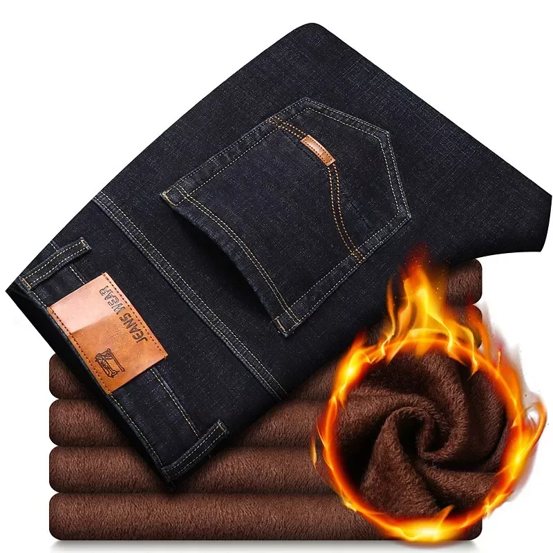 NEW New Jeans Brand Autumn Winter Jeans Warm Flocking Warm Soft  Men Activities Warm Fleece Men Jeans Black Blue Grey Colors