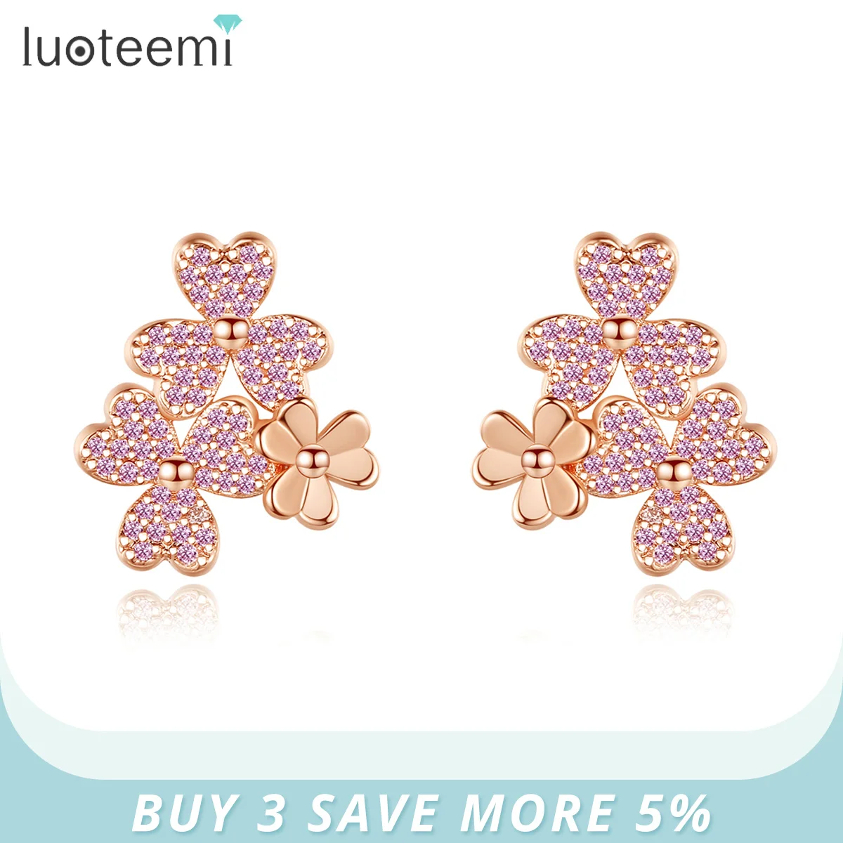 

LUOTEEMI Rose Gold Color Lucky Clover Stud Earring for Women Tiny CZ Pave Fashion Jewelry for Women Party Girl Sexy Unusual Gift