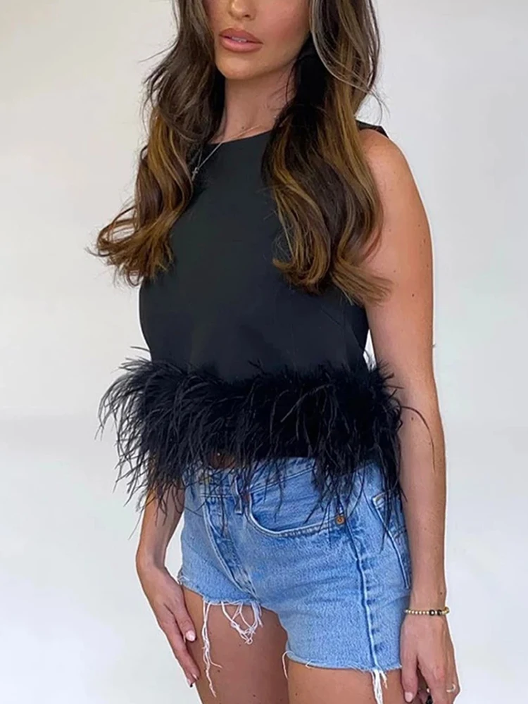 

Black Patchwork Feathers Korean Fashion Shirt Top Women Round Neck Sleeveless Slim Tops Female 2022 Summer Clothing