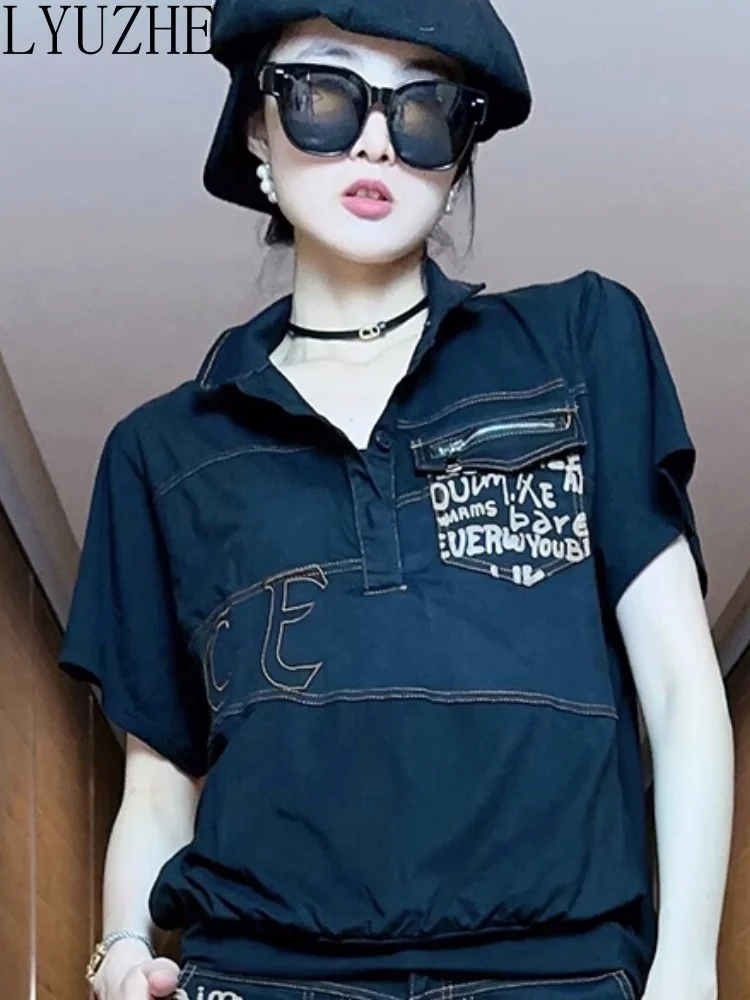 

LYUZHE Functional Style Spicy Girl Short Sleeve Top Women 2023 Summer New Slim Unique Female T-shirt Half Sleeve Black ZXF209A