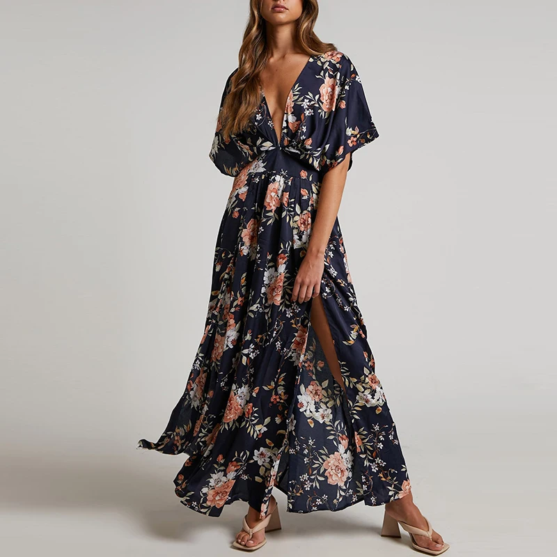 

Женское длинное платье в стиле ретро, элегантное праздничное платье Бохо с глубоким V-образным вырезом, цветочным принтом и разрезом сбоку, платье с коротким рукавом и высокой талией, лето 2023