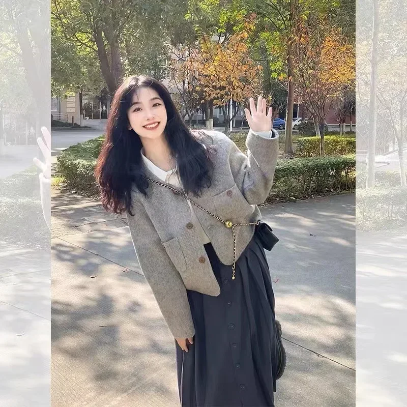 Серая маленькая Очаровательная шерстяная куртка Женская Новинка Осень-зима 2023