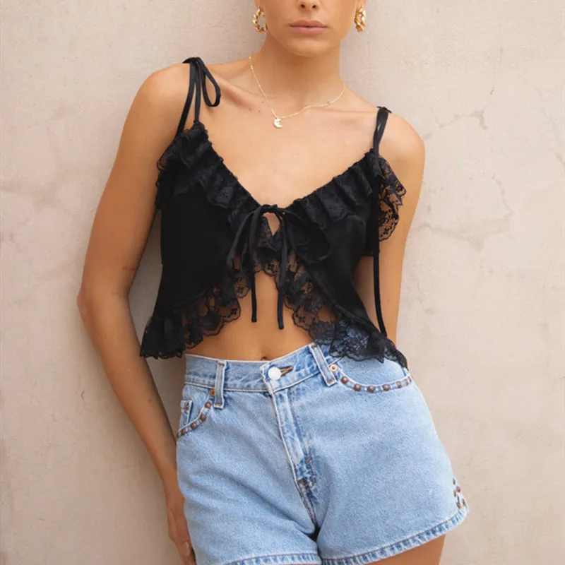

Women Lace Frill Camisole Summer Tie Front Cute Spaghetti Straps Cami Tank Top Vintage Cropped Vest Top Fairycore Y2K Streetwear