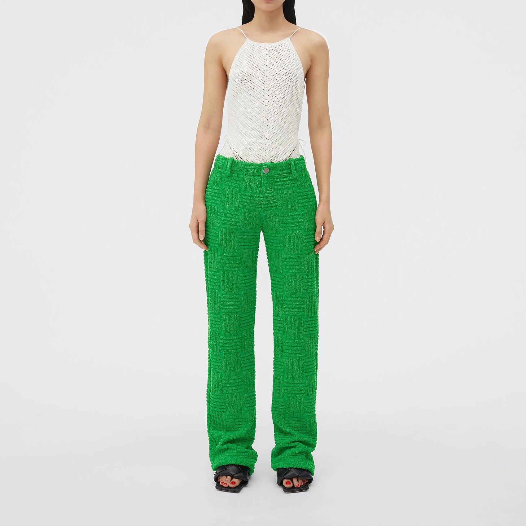 

2022 autumn and winter women's new casual all-match green woven jacquard three-dimensional terry cloth high waist straight pants