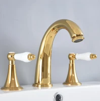 polished gold color brass deck mounted dual handles widespread bathroom 3 holes basin faucet mixer water taps mnf990