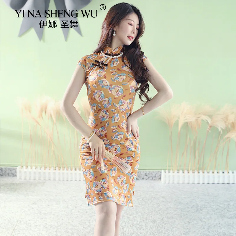 

Belly Dance Women Printed Cheongsam Classical Practice Clothes Training Clothes Clothes Performance Uniforms Short Dress New