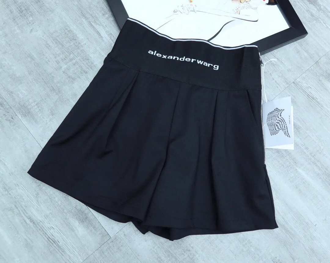 

2021 модные эластичные трикотажные женские шорты с вышивкой логотипа на молнии сбоку с широкими штанинами