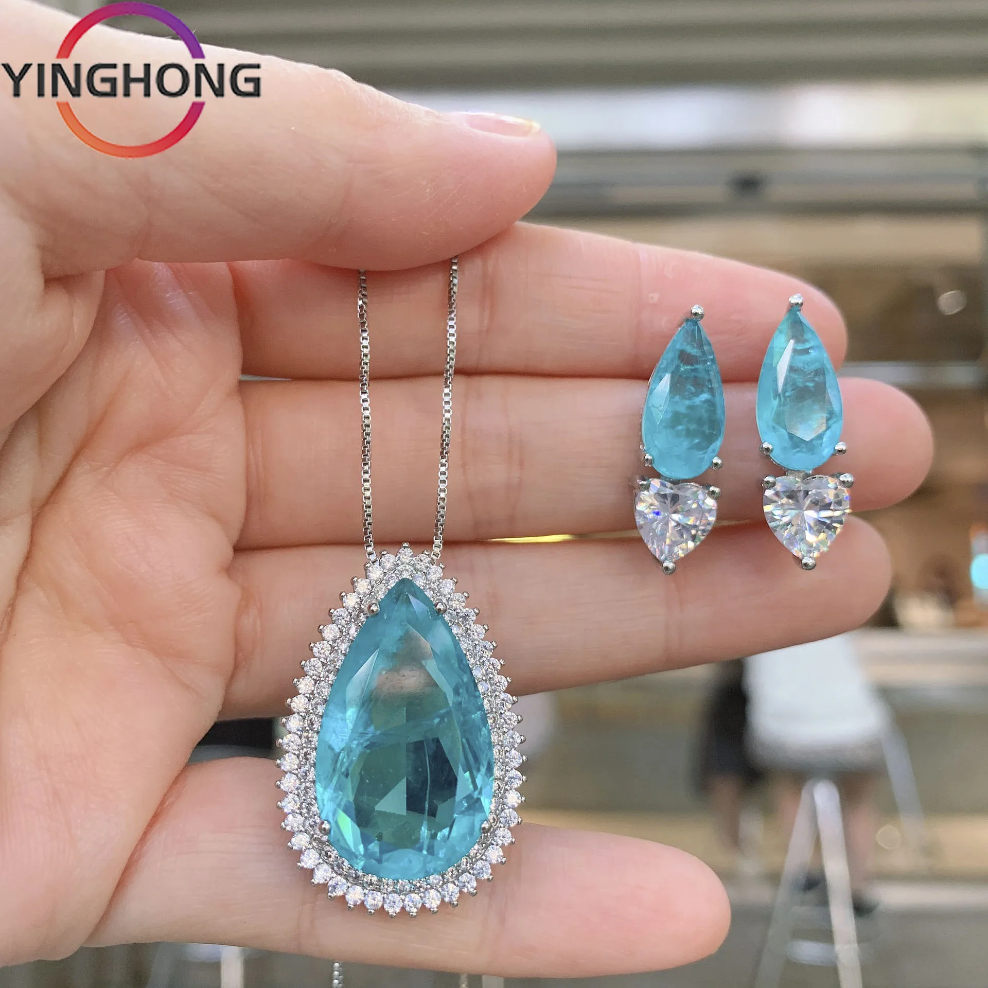 

QueXiang 2023 New S925 Sterling Silver Palaiba Stone Jewelry Set Pendant Earstuds Women's Charm Fashion Luxury Gift