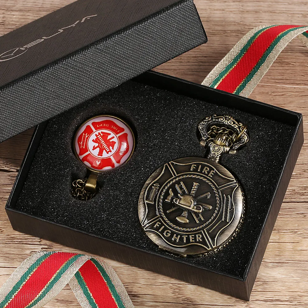 Pocket Watch Sets for Men Fire Logo Engraving Pattern Souvenir Gift for Men Bronze Vintage Pocket Watch with Necklace Pedent