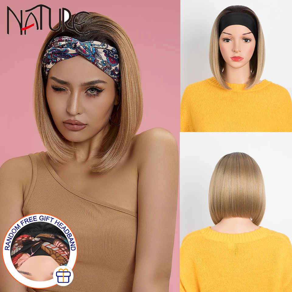 

10 Inch Short Straight Bob Headband Synthetic Wigs for Women Blonde Mixed Black Hair High Resistant Fiber Daily Cosplay Bob Wig