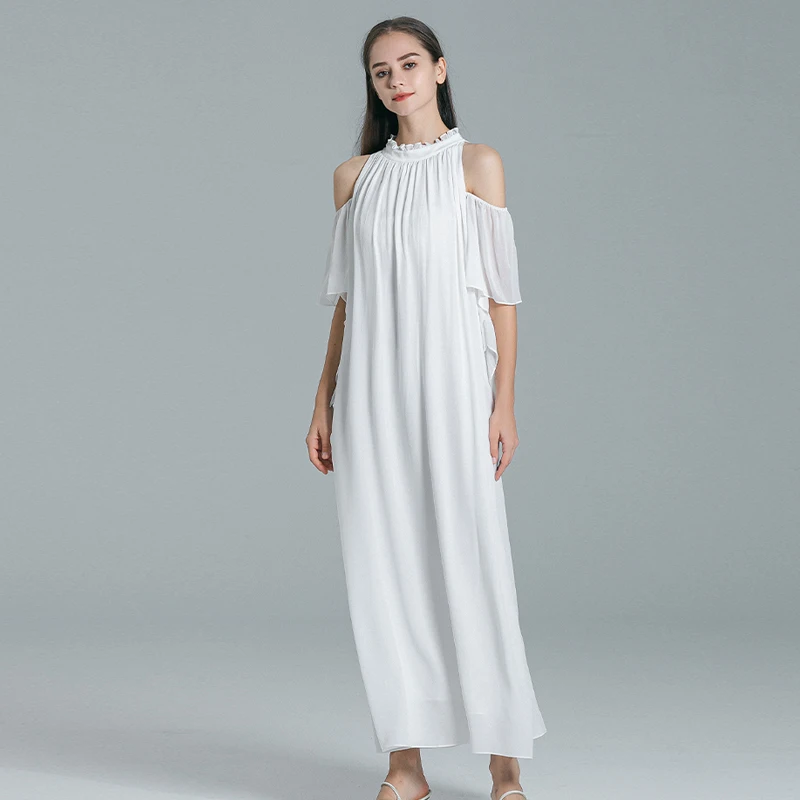 

White Double Layer Silk Fungus Lace Stand Neck Dresses Women Princess Short Sleeves Backless Loose Fit Party Dress AE1729