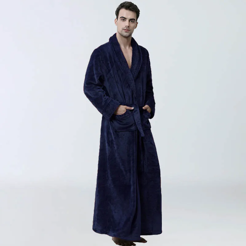 Men's Winter Warm Velvet V-neck Bathrobe Long Thickened Pajamas Coral Velvet Solid Color Long-sleeved Pajamas Hotel Bathrobe