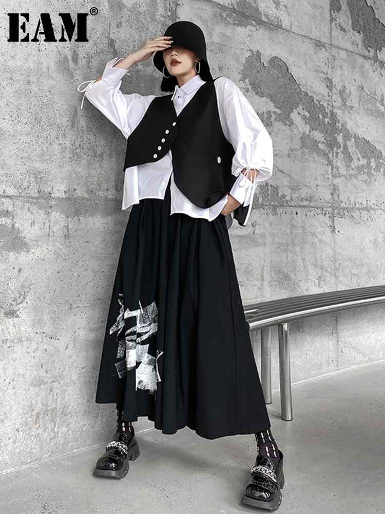 

[EAM] юбка средней длины, большой размер, костюм из двух предметов, новый отворот, длинный рукав, черный, свободный, женская мода, весна-осень 2023 1DF1199