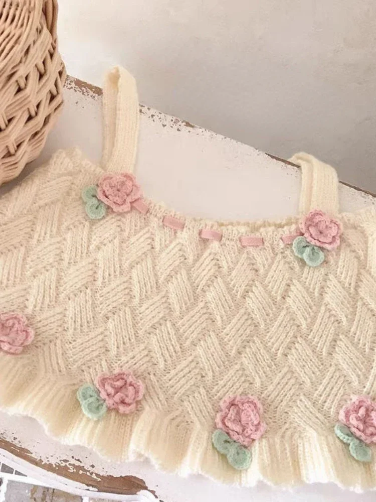 Трикотажный милый жилет Kawaii женский элегантный с цветами в японском стиле на
