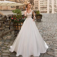 elegant ball gown v neck wedding dress 2022 boho half sleeve lace appliques bridal gown illusion backless button sweep train
