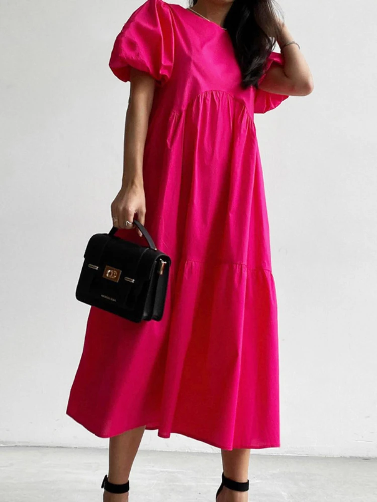 

White Dress Summer Dress Round Neck Bubble Sleeve Splicing Solid Color New 2023 Clothes for Women Leisure Comfortable Streetwear