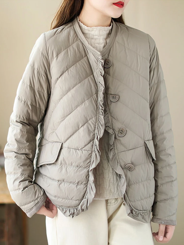 

Autumn Women O Neck Ruflles Ultra Light Down Coat Casual Female Single Breasted Lightweight White Duck Down Short Parka
