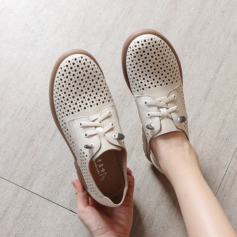 Large Size women's Casual Breathable Hollow Single Shoes 2023 Spring and Summer Small Leather Shoes Retro Sandals Soft Cowhide