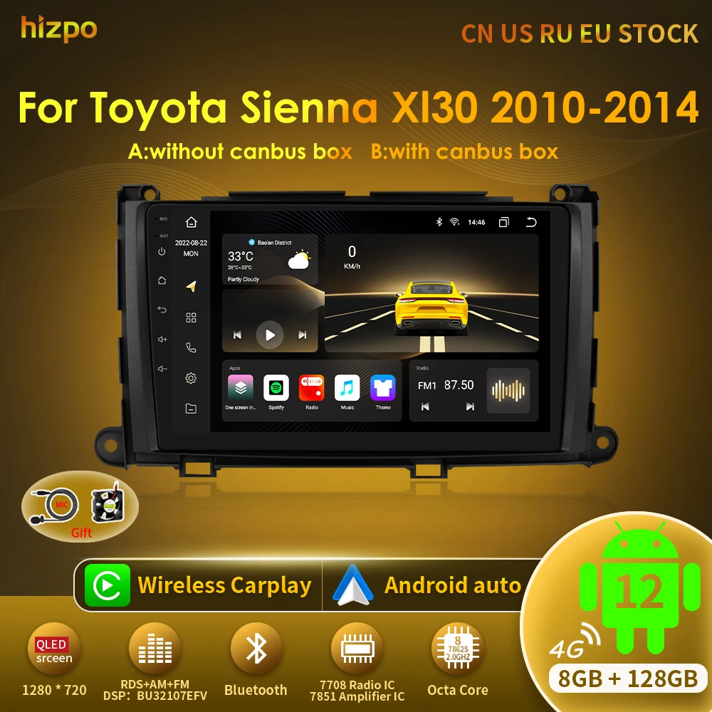 Автомагнитола Hizpo для Toyota Sienna XL30 2010-2014, мультимедийный видеоплеер, навигация, стерео, GPS, Android, автовоспроизведение, 8 ГБ + 128 Гб, RDS
