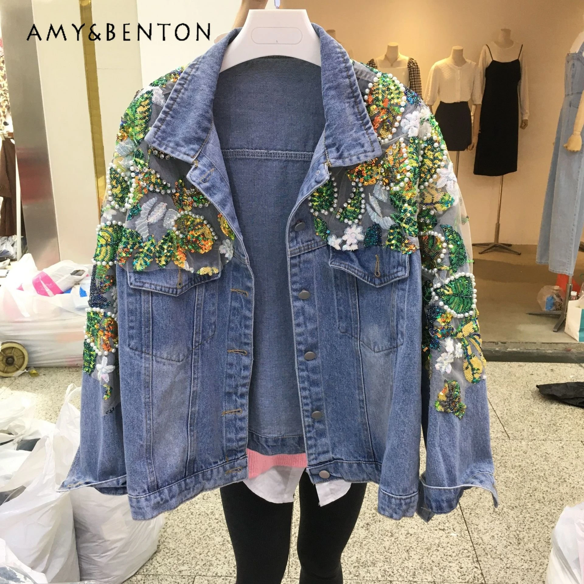 

Spring New Exquisite Rhinestone Beaded Color Sequins Loose-Fitting Slimming Denim Jacket Top for Women Casual Jeans Coats Ladies