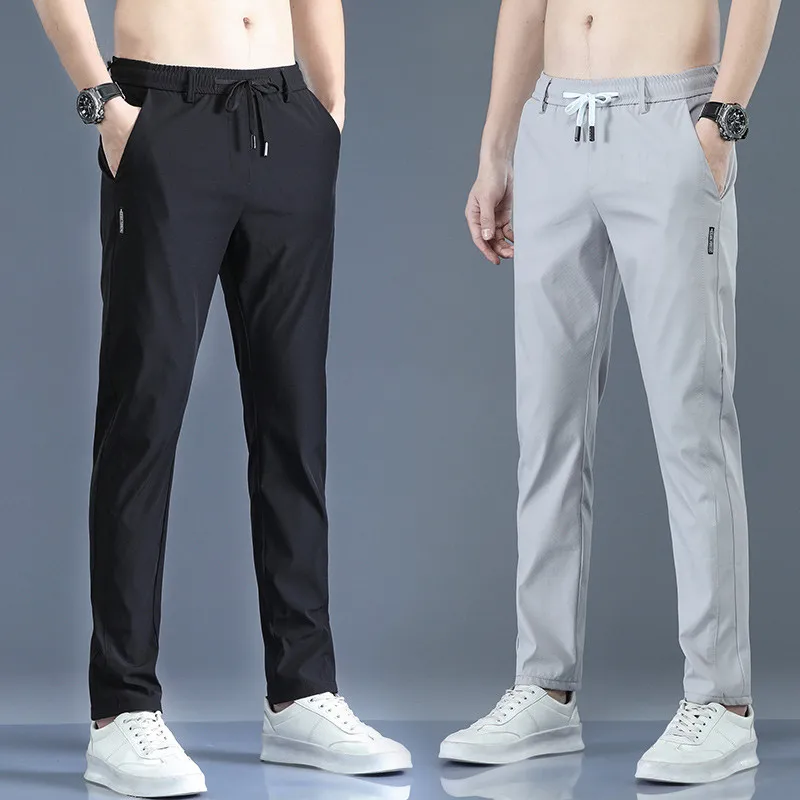 

Summer Men's Casual Pants Thin Soft Elasticity Lace-up Waist Solid Color Pocket Applique Korea Grey Black Work Trousers Male 38