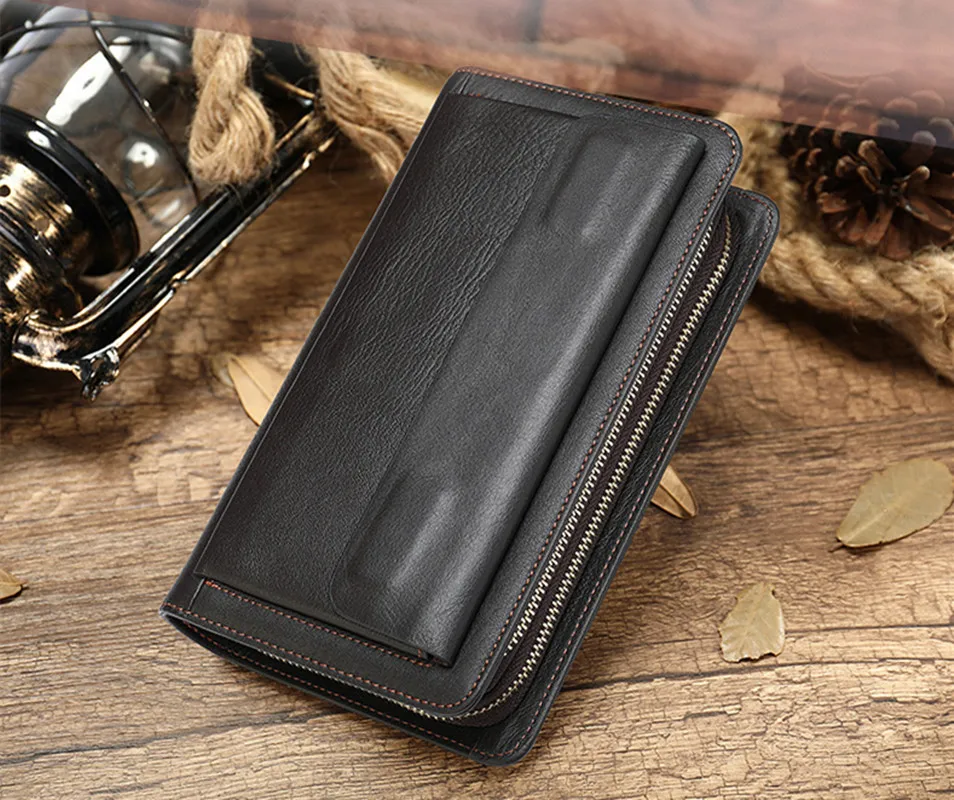Genuine Leather Business Men Long Wallet Luxury Cowhide Clutch Double Layer Zipper Wallet Male Casual Coin Purse