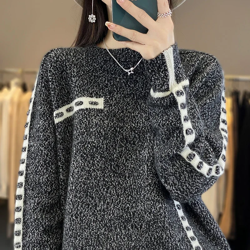 Новинка 2023 Женский вязаный пуловер из 100% чистой шерсти с длинным рукавом и