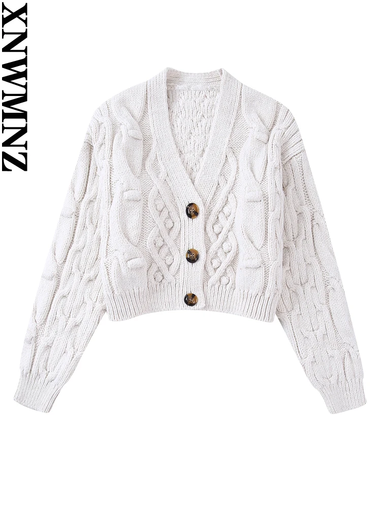 

XNWMNZ 2022 Women Fashion Cable Knitted Jacket Woman Vintage Long Sleeve V Neck Front Button Casual Female Chic Cardigan