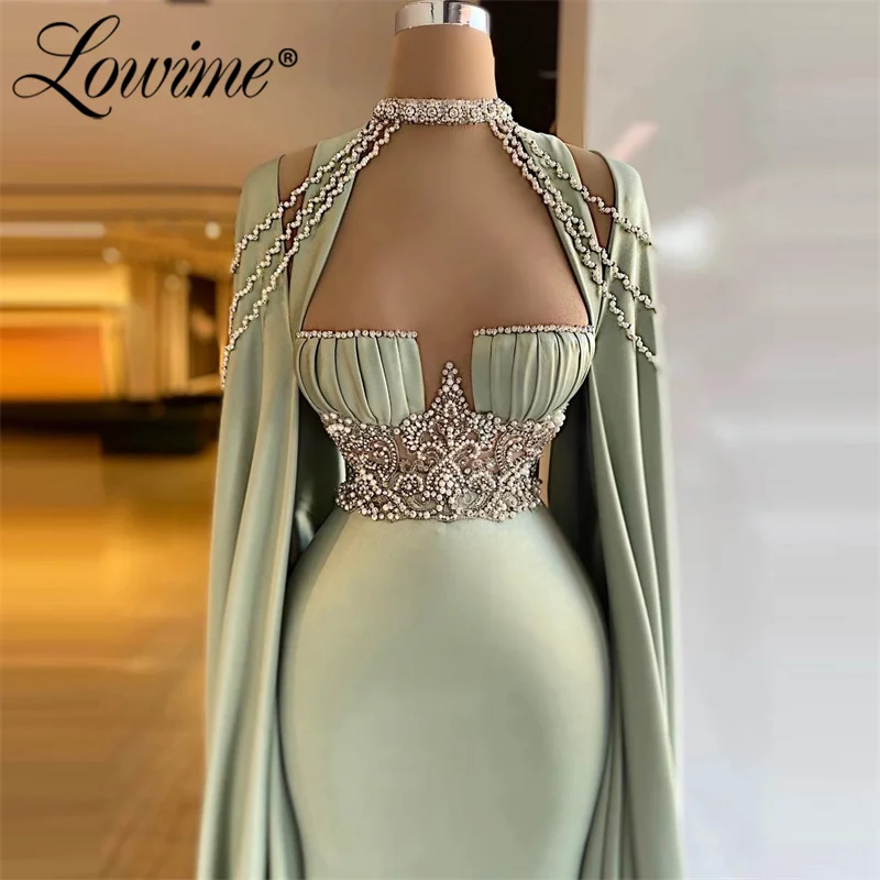 

Elegant Dress Women For Wedding Party 2022 Robes De Soirée Beaded Long Satin Mint Green Evening Dress Plus Size With Jacket Prom