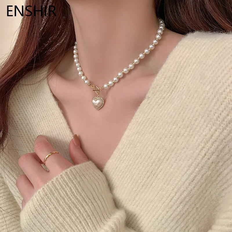 

EHSHIR 316L Stainless Steel Pearl Love Heart Necklace French New Simple Women's Necklace Party Jewelry Gift