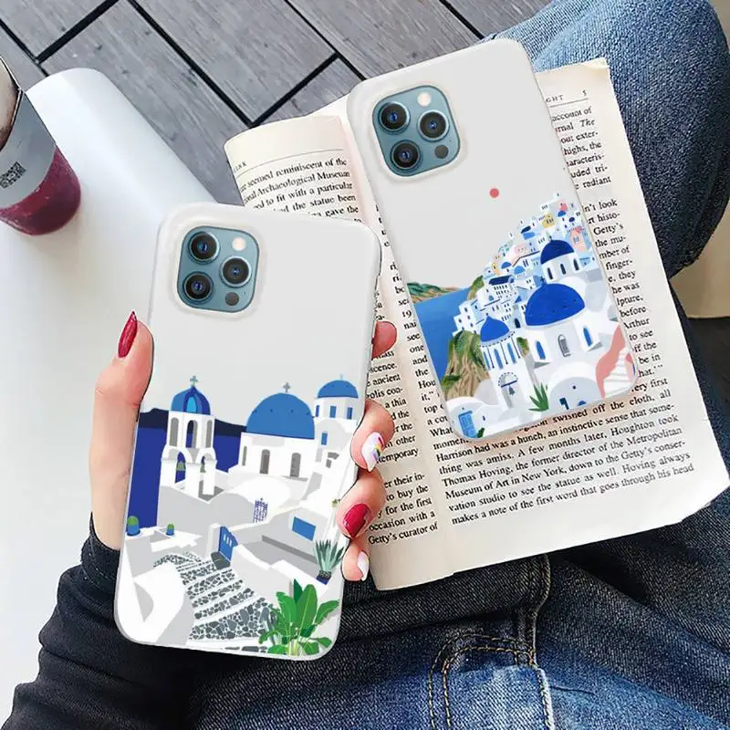 

Oia Santorini Greece Church Hand Painted Print Phone Case Candy Color for iPhone 6 7 8 11 12 13 s mini pro X XS XR MAX Plus
