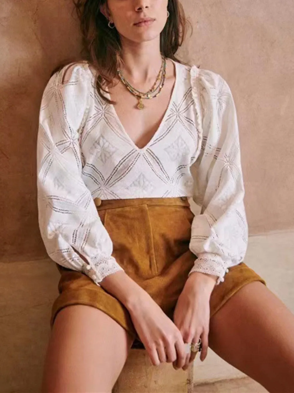 

Women's Hollow Out Crochet V-Neck Shirt Ruffle Trim Lantern Sleeve Blouse