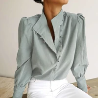 elegant turtleneck blouse long sleeve white shirt office ladies top casual solid single breasted puff sleeve womens blouses