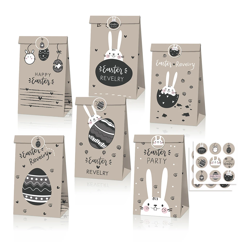 

LB150 12Pcs English Happy Easter Day Egg Festival Birthday Party Biscuit Kraft Paper Gift Bags with Sticker Rabbit Party Favors