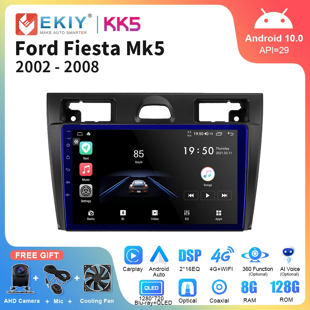 EKIY KK5 QLED Android Car Radio For Ford Fiesta Mk VI 5 Mk5 2002-2008 Multimedia GPS Navigation Player Stereo Carplay 2 Din DVD