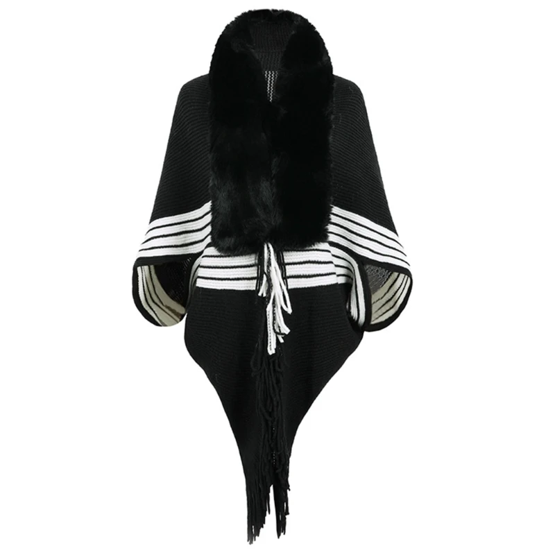 

Women's Knitted Cardigan Coat Striped Faux Furs Collar Sweater Jackets Outwear drop shipping