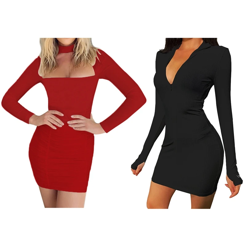 

Women's Solid Color Sexy Hollow Slim Fold Bag Hip Dress Red M With Sexy Zipper V Neck Dress Women Casual Black M