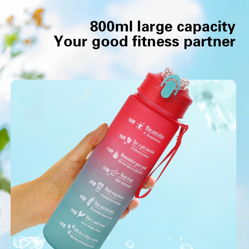 Фото Спортивная бутылка 800 мл со шкалой времени, не содержащая BPA, спортивная бутылка для воды с градиентом цвета на открытом воздухе, портативная соломенная кружка большой емкости для спортзала №3