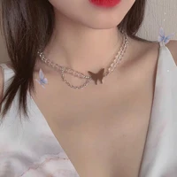 korean transparent beaded chain chokers cute metal butterfly girls jewelry necklaces for women 2022 fashion party gifts collares