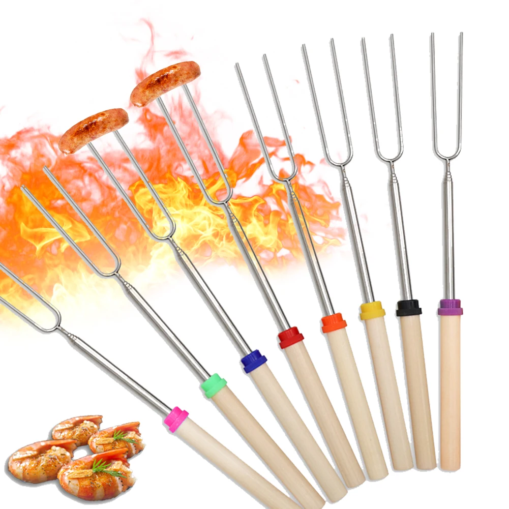 

8Pcs Extendable Marshmallow Roasting Stick Telescoping Stainless Steel Hot Dog Forks With Wooden Handle For Outdoor Camping BBQ