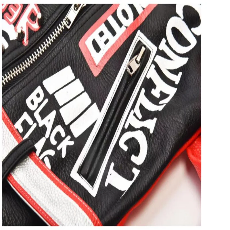 New leather jacket women's clothes letters contrast color printing rivets short coats street personality veste femme chaqueta